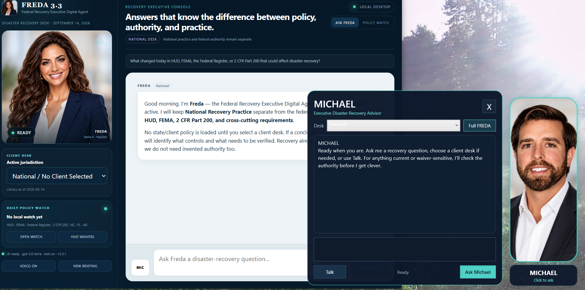 FREDA 3.3 workspace with jurisdiction selection and the Michael desktop companion question panel