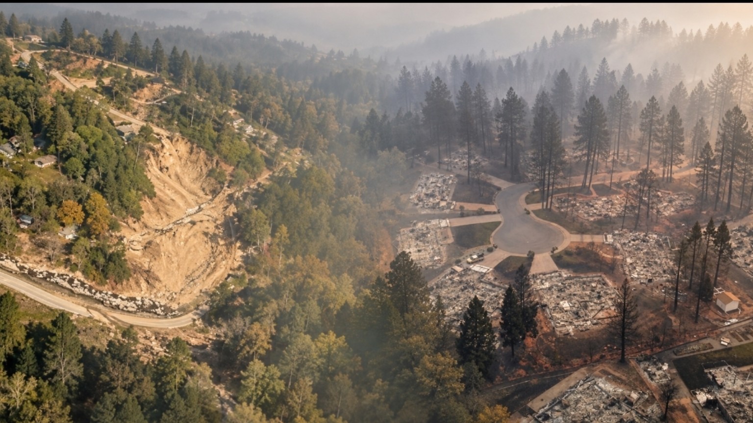 A forested hillside community showing damaged roads and homes following disaster