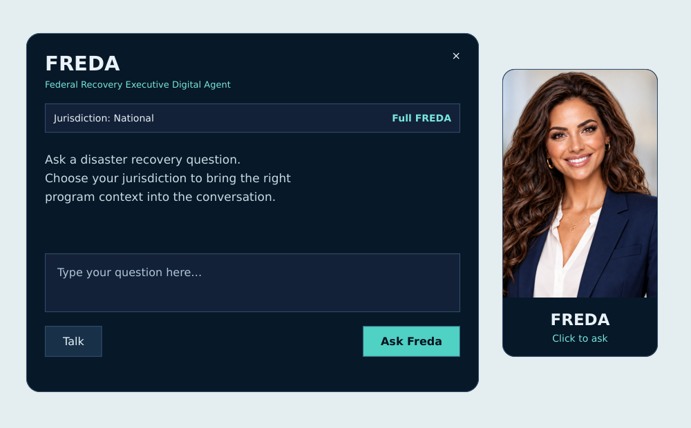 FREDA Windows desktop digital agent interface illustration with her portrait, jurisdiction selector, question field, Talk, Ask Freda, and Full FREDA controls