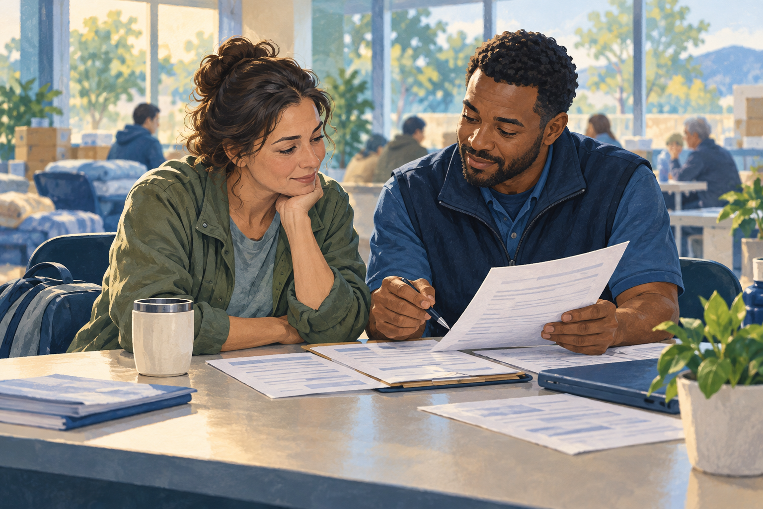 Illustration of a volunteer listening to a disaster survivor and helping explain paperwork