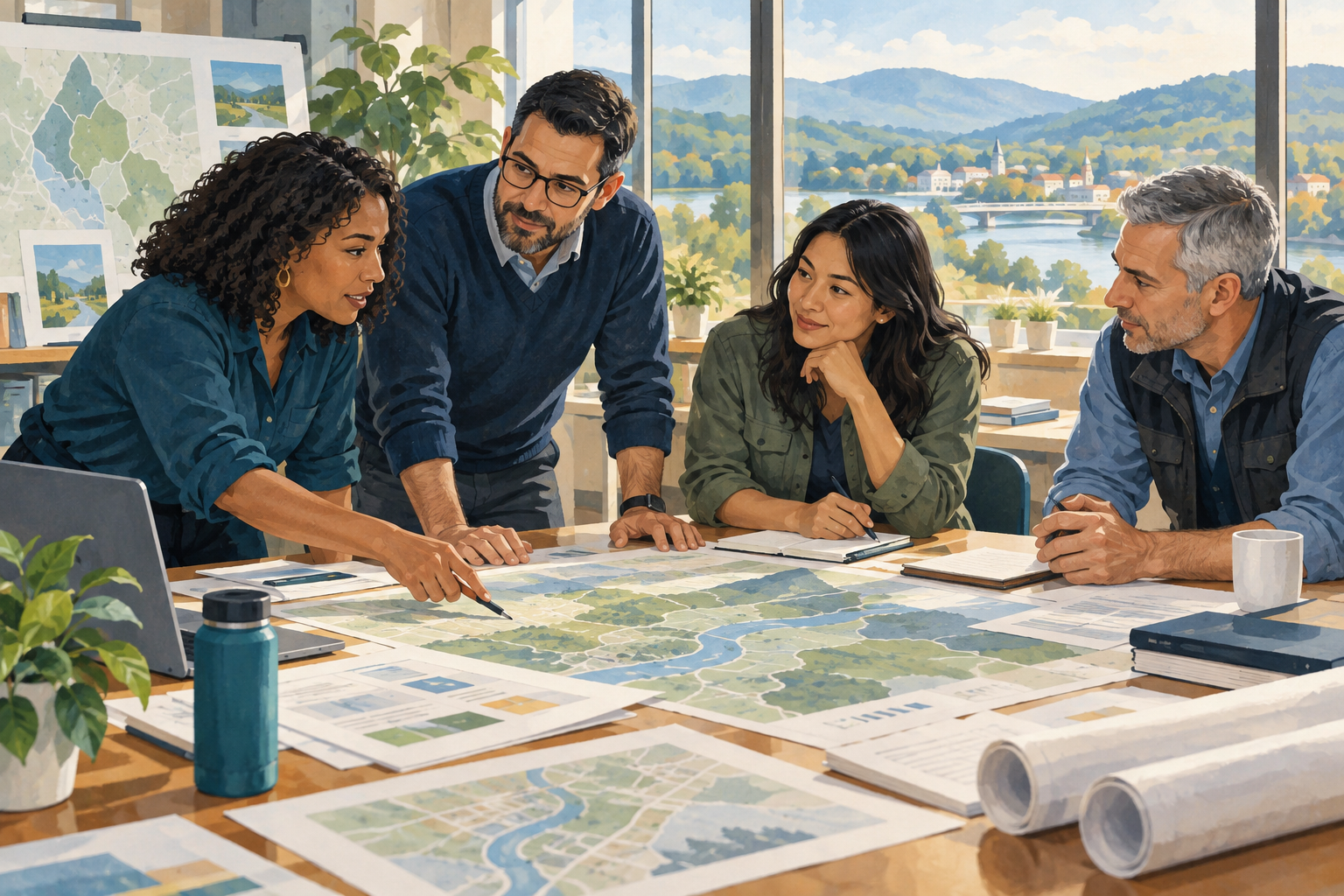 Illustration of diverse disaster recovery practitioners collaborating around a planning table